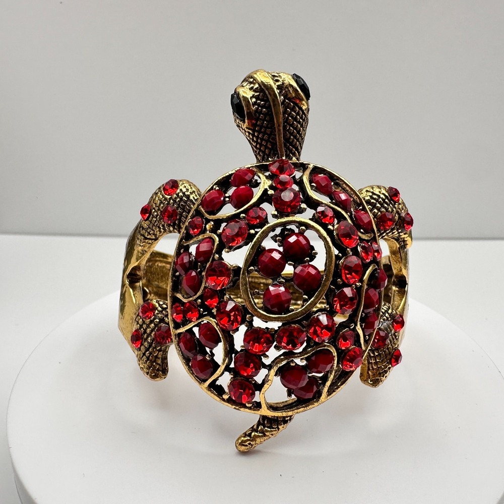 Vintage 90s Red Rhinestone Gold Tone Turtle Bracelet Women's Classic Jewelry - Picture 3 of 17